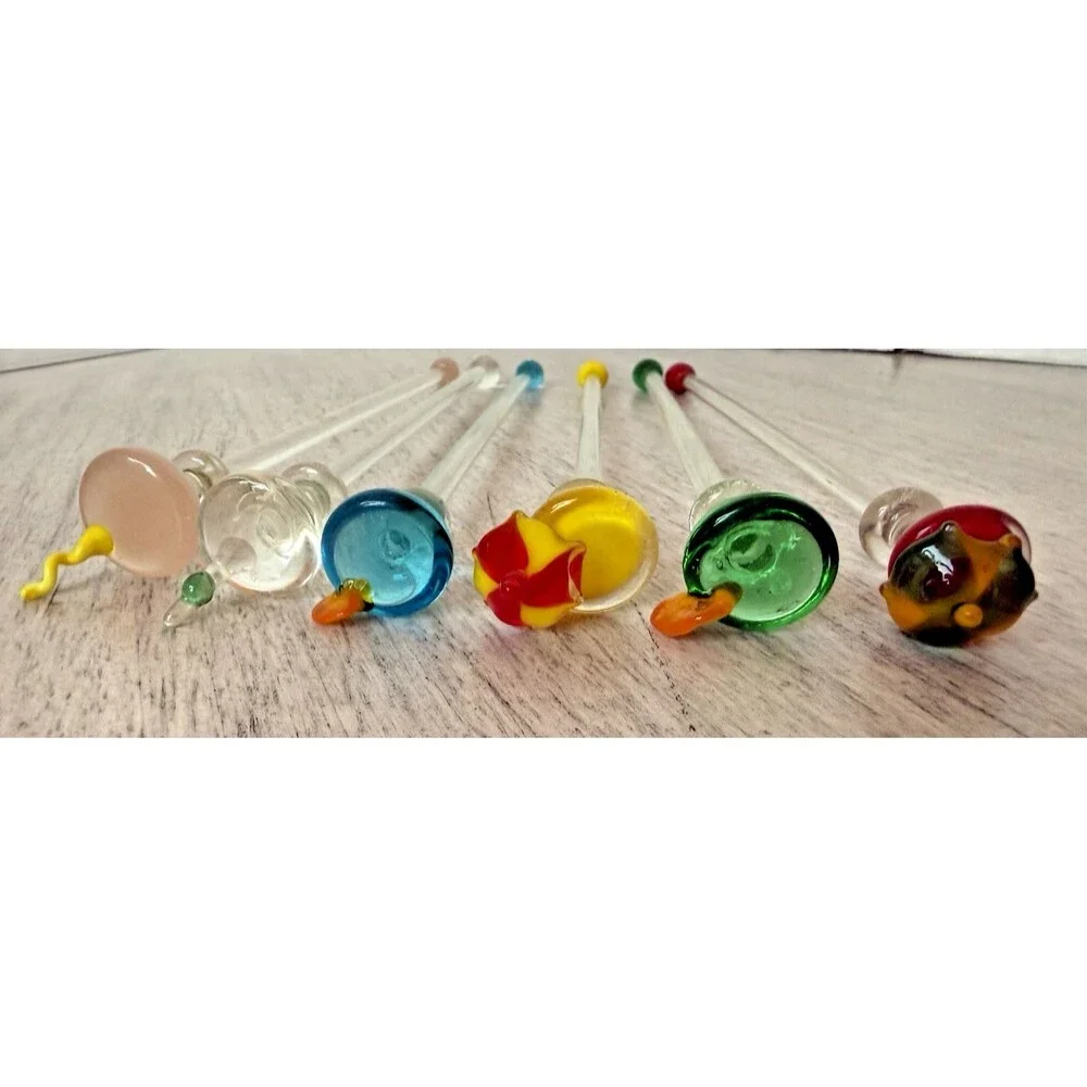 Vintage Murano Style Hand Blown Glass Cocktail Swizzle Sticks Drink Stirrer 6Pc